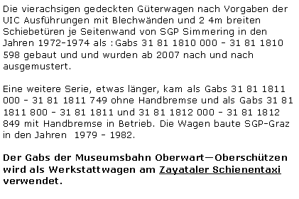 Textfeld: Die vierachsigen gedeckten Gterwagen nach Vorgaben der UIC Ausfhrungen mit Blechwnden und 2 4m breiten Schiebetren je Seitenwand von SGP Simmering in den Jahren 1972-1974 als :Gabs 31 81 1810 000 - 31 81 1810 598 gebaut und und wurden ab 2007 nach und nach ausgemustert.Eine weitere Serie, etwas lnger, kam als Gabs 31 81 1811 000 - 31 81 1811 749 ohne Handbremse und als Gabs 31 81 1811 800 - 31 81 1811 und 31 81 1812 000 - 31 81 1812 849 mit Handbremse in Betrieb. Die Wagen baute SGP-Graz in den Jahren  1979 - 1982. Der Gabs der Museumsbahn OberwartOberschtzen wird als Werkstattwagen am Zayataler Schienentaxi verwendet.